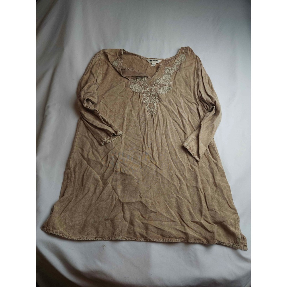 Tantrums Tan Embroidered V-Neck Rayon Tunic Top 3/4 Sleeve Boho Womens Size L